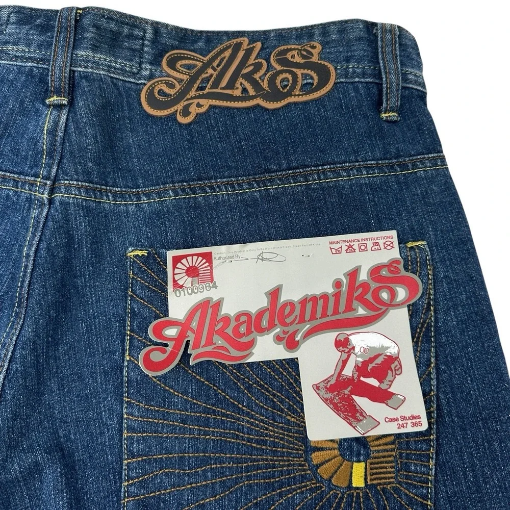 AKADEMIKS NWT Vintage J1 SoHo Men's Jeans Blue Baggy Wide Leg Denim‎ Y2K Size 34